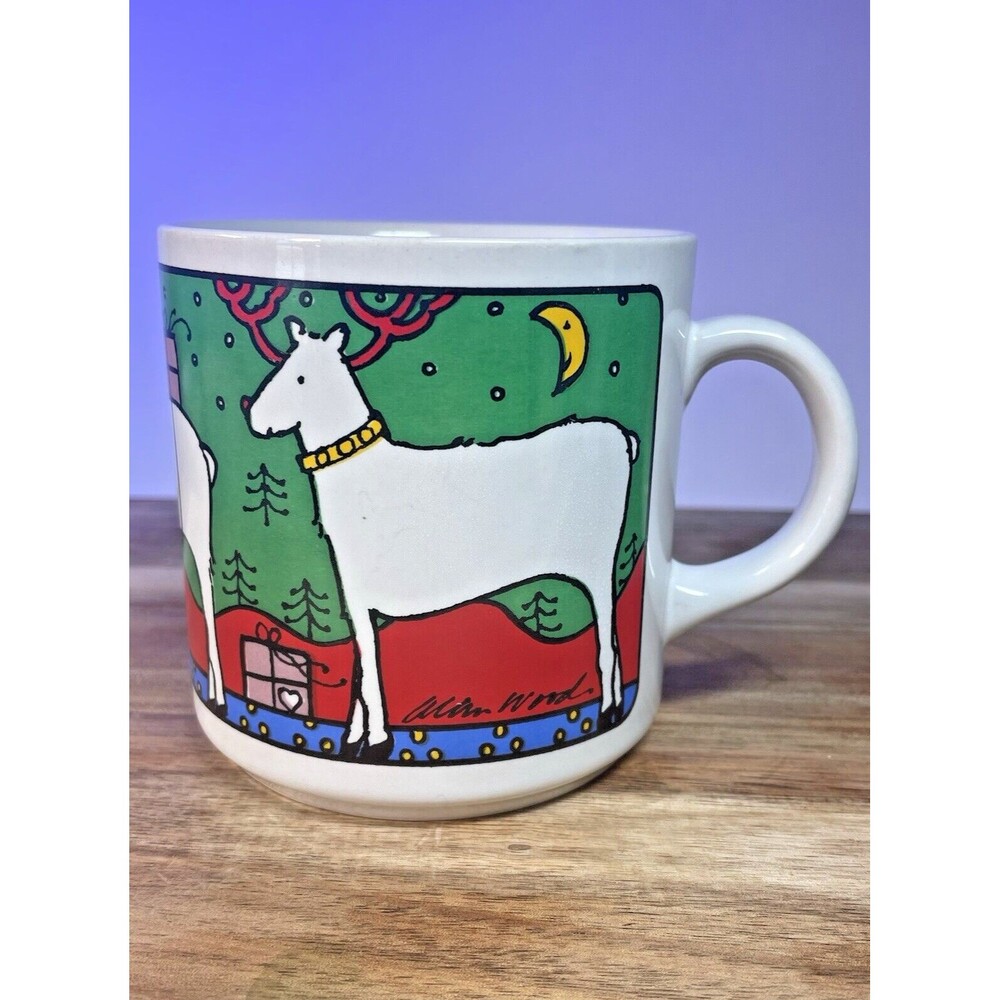 VTG 80s HOUZE Alan Wood Reindeer Gifts Holiday Christmas Whimsical Mug